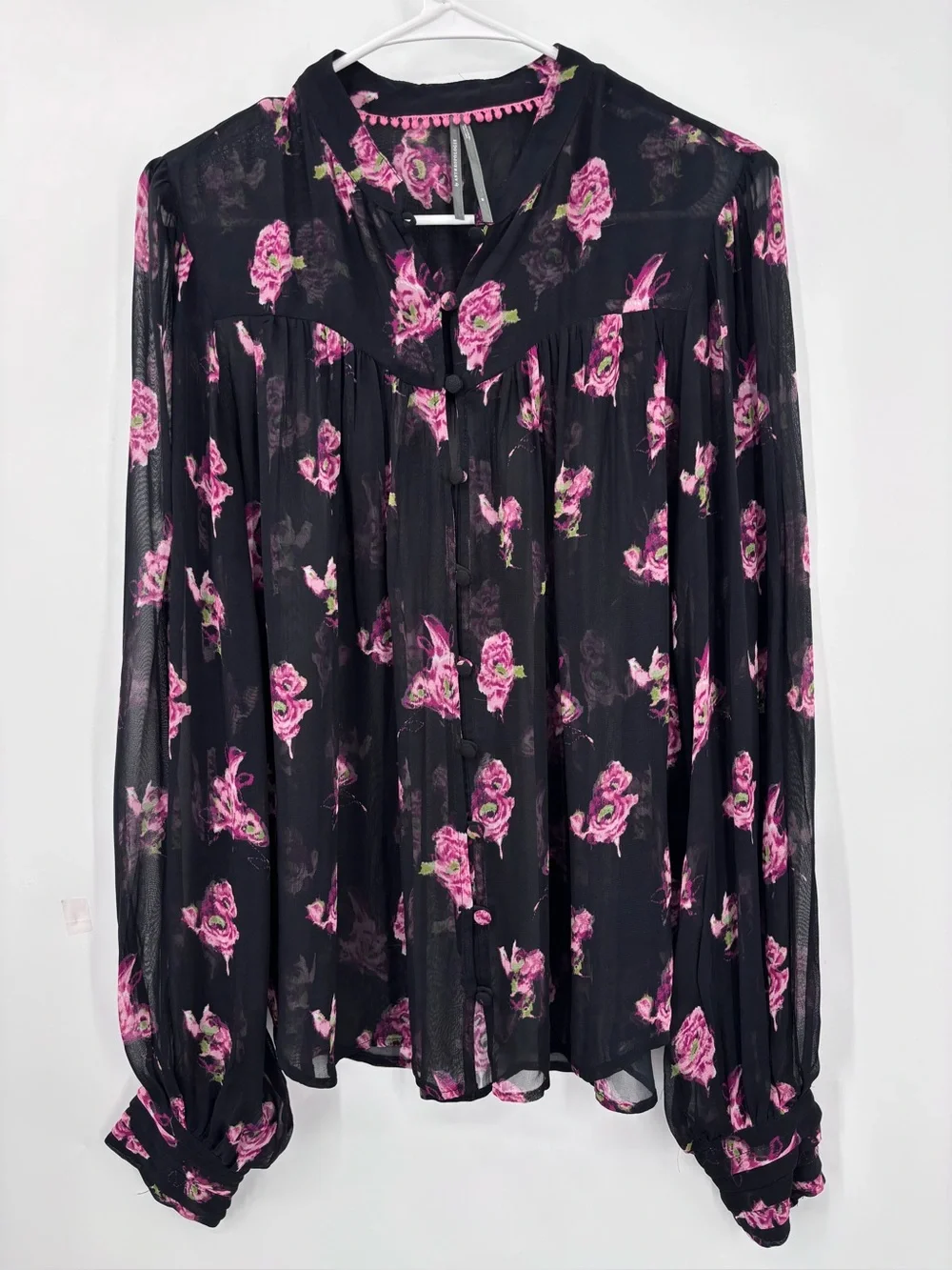 Anthropologie Black Floral Sheer Button-Front Blouse - Picture 3 of 11
